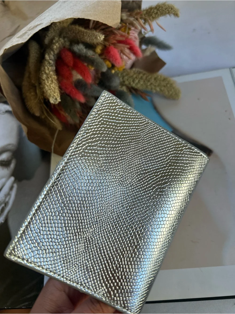 Trina Metallic Silver Textured Passport Wallet with Gold Plaque new